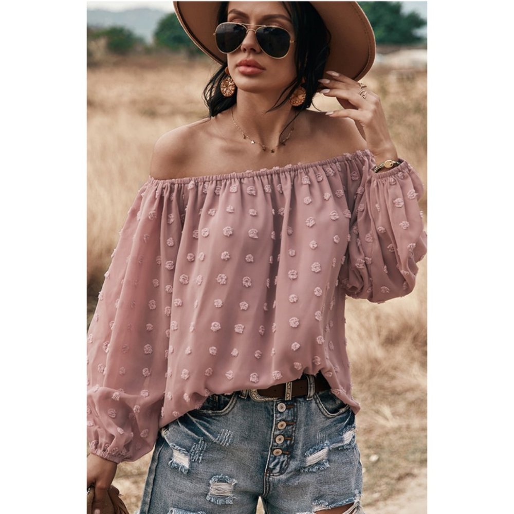 Boho Off Shoulder Loose Bubble Sleeve Top Pink - Picture 6 of 10